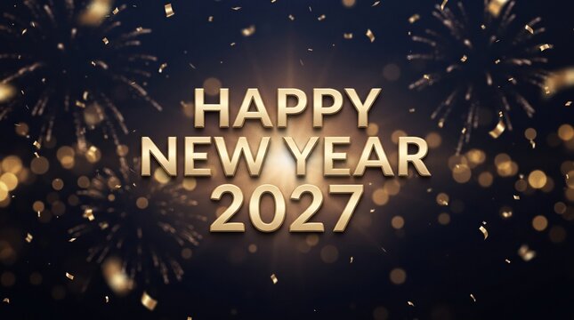 Happy New Year 2027 golden text on festive bokeh background with confetti