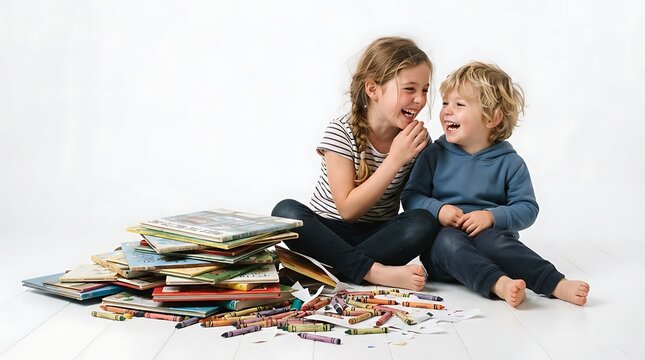 Happy young siblings laughing together while playing on the floor
