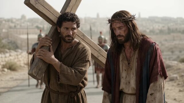 Simon of Cyrene Helps Jesus Christ Carry the Cross Toward Calvary During Holy Week Symbolizing Compassion Sacrifice Suffering Faith Redemption Service and Christian Devotion in Jerusalem Biblical Scen