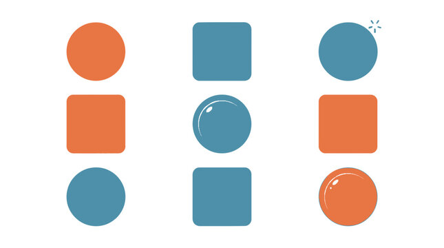 A grid of nine simple geometric shapes including circles and rounded squares in orange and teal colors, some with glossy effects.