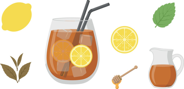 Iced tea vector illustration set with glass cup lemon slice mint leaf honey dipper pitcher and tea leaves for cafe menu drink beverage design