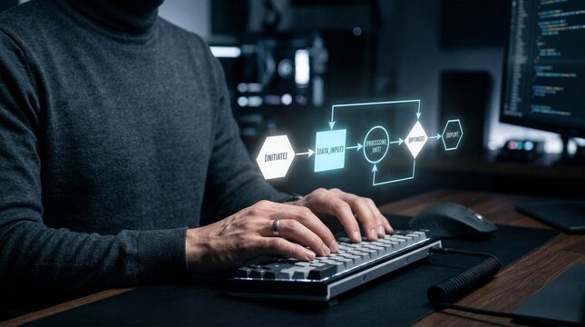 Programmer coding on keyboard with glowing blue holographic data processing flowchart representing software development algorithm optimization and futuristic system architecture