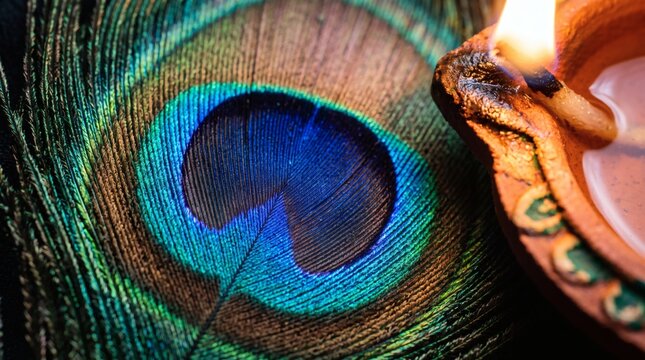 Close-up of a vibrant peacock feather with an eye pattern and a matchstick with a burning flame.