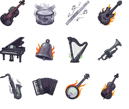Set of musical instruments with fire and smoke effects