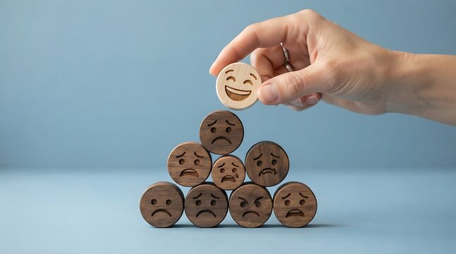A hand placing a happy wooden disc on top of a pyramid of sad wooden discs with pyramid structure built sad frustrated faces