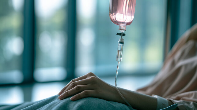 Patient Hand Resting On Hospital Bed With Intravenous Drip Infusion Bottle
