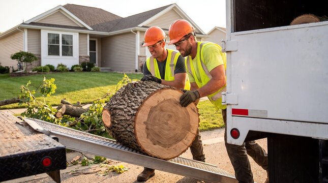 arborist crew log loading truck tree removal teamwork helmet workers Two professionals move a heavy trunk section onto a service vehicle showing coordinated lifting and debris transport