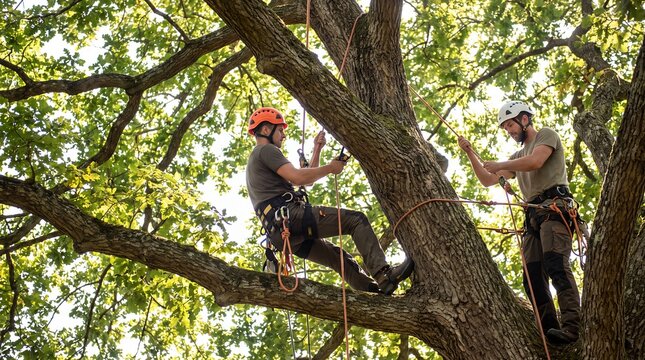arborists team climbing tree branch ropes helmets harnesses safety cooperation Two professionals coordinate high in a canopy showing shared responsibility communication and technical access skills
