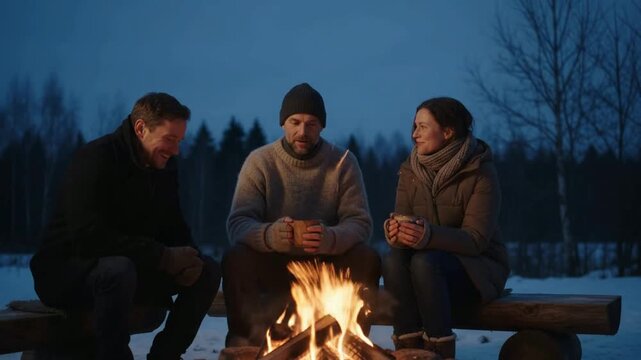 People gathered around an outdoor bonfire during a winter solstice celebration at night