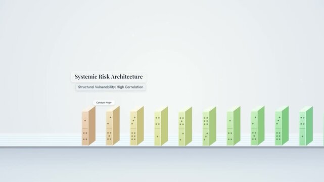 Animated concept of systemic risk management showing falling dominos stopped by a mitigation protocol barrier protecting a critical asset and demonstrating compounding resilience