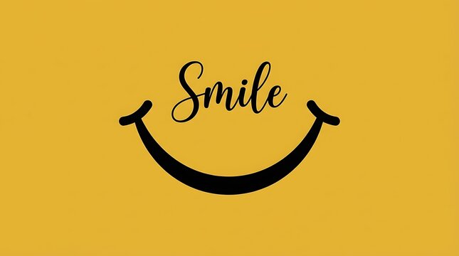 Black smile symbol with cursive text on a solid yellow background for creative design projects with word smile written
