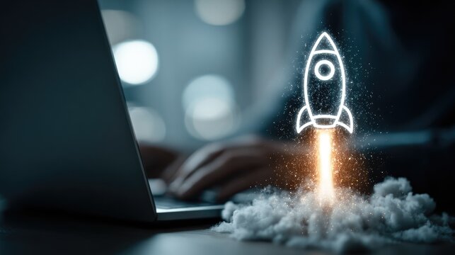 Successful entrepreneur working laptop luxury office holographic rocket icon representing startup launch business growth achievement motivation 