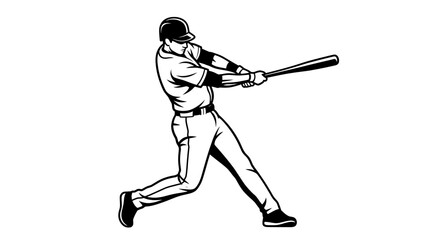 Fototapeta premium Professional Baseball Batter Swinging Bat Vector Illustration, Flat Design Monochrome Silhouette of a Male Athlete in Action Pose, Wearing Helmet and Sports Uniform on White Background