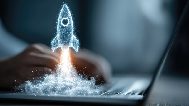 Successful entrepreneur working laptop luxury office holographic rocket icon representing startup launch business growth achievement motivation 