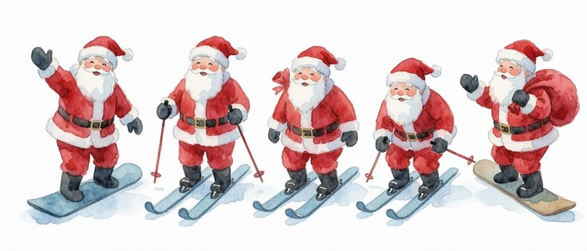 Watercolor Santa Claus Skiing and Snowboarding Set