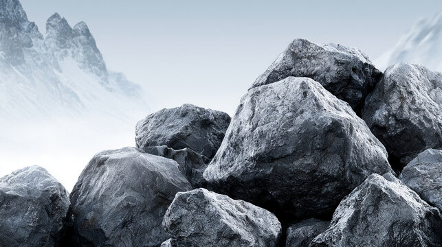 Giant Grey Stone Boulders Heap High Against Misty Cold Snowy Mountain Peak   
