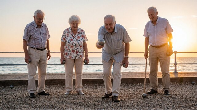 Active senior friends playing petanque by the sea at sunset
