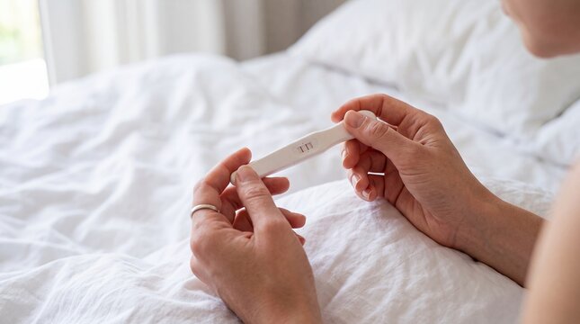 Positive pregnancy test detail hands result lines bed fertility motherhood Female hands examine a clear two line result above white bedding in a home moment for fertility and reproductive health use