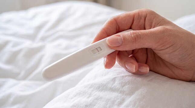 Positive pregnancy test detail hand result lines bed fertility confirmation A hand displays a clear two line pregnancy result above white bedding for fertility awareness and motherhood campaigns