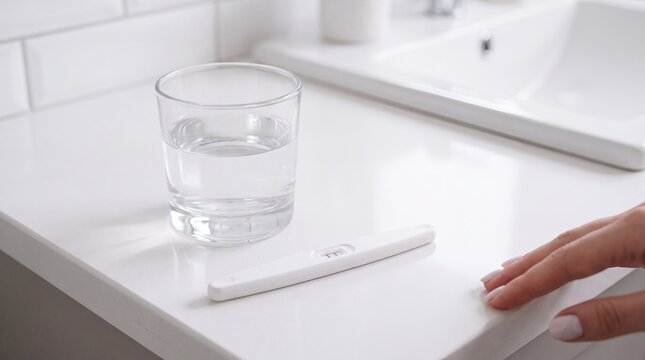 Pregnancy test bathroom result fertility conception home waiting healthcare detail A pregnancy test rests on a bathroom counter for fertility healthcare family planning and early motherhood campaigns