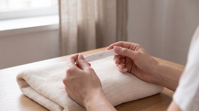 Pregnancy test result hands detail fertility conception waiting anxiety home Hands hold a home pregnancy test above folded towels for private fertility testing and family planning campaigns