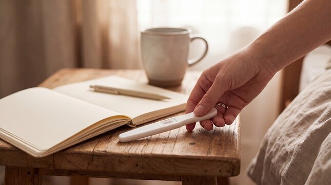 Positive pregnancy test notebook planning detail result table fertility motherhood A hand places the positive test beside a notebook and mug for family planning and new beginning campaigns