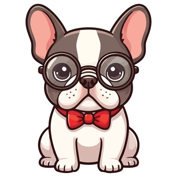 Cute cartoon french bulldog puppy wearing glasses and a red bow tie