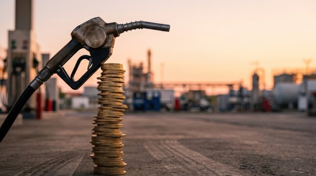 Fuel pump nozzle resting on stacked coins at gas station at sunset