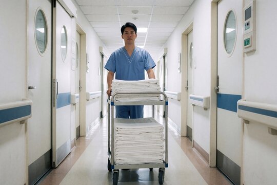 Male nurse pushing linen cart down hospital corridor