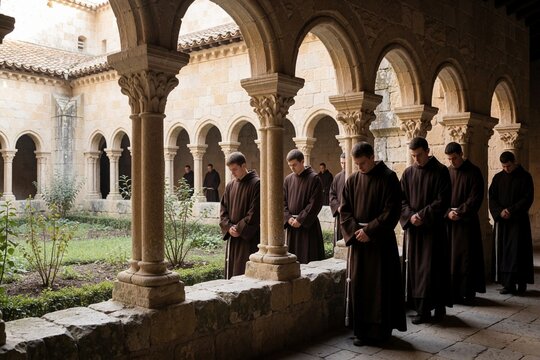 Franciscan monks praying in medieval stone monastery cloister
