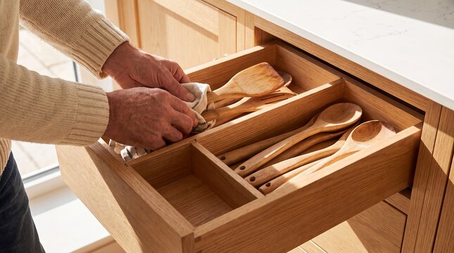 Utensils organizing drawer kitchen hands wooden spoons storage divider tidy ideal for kitchen storage advertising organizing promotions household websites and cookware brand campaigns