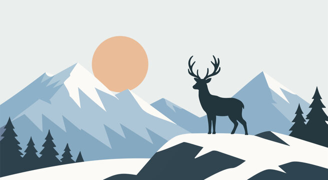 Majestic Mountain Landscape with Deer and Pine Trees Flat Vector Illustration