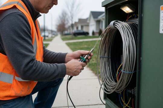 Technician splicing fiber optic cable in outdoor cabinet