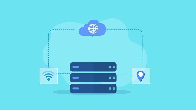 Flat vector animation showing cloud network connectivity with database servers, wireless signal, location pin, and digital connection elements on a cyan background.