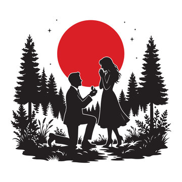 Silhouette of a man proposing to a woman in a forest at sunset