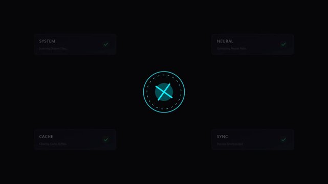 Futuristic digital interface processing system tasks with glowing blue HUD elements in dynamic motion video clip