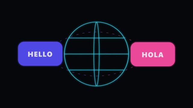 Animated neon globe with greeting text bubbles for global communication motion video loop background design concept