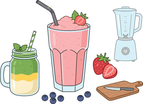 Healthy smoothie vector illustration set with strawberry milkshake green juice jar blender board and fresh berries for cafe menu and wellness design