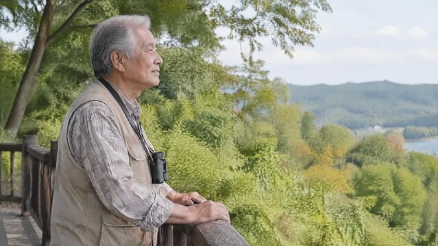 Senior Man Waiting Quietly for Birds in a Park