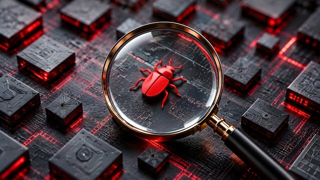 Magnifying glass focusing on a red insect bug on a dark futuristic computer circuit board highlighting software vulnerability and cybersecurity threat.