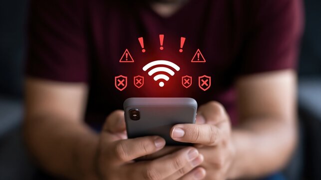 Wifi security warning on a smartphone screen showing an insecure mobile network connection and cybersecurity risk