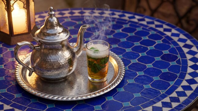 Traditional silver Moroccan tea set with steaming mint tea on cobalt blue mosaic table, Generative AI