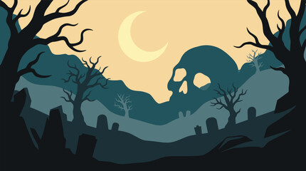 Fototapeta premium A spooky halloween vector background featuring a dark graveyard with bare trees a crescent moon and a large ominous skull