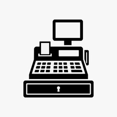 Fototapeta premium Industrial Black and White Line Drawing of Cash Register with Built in Monitor and Cash Drawer with high quality professional line art symbols for modern creative design and digital branding projects