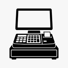 Fototapeta premium Industrial Black and White Line Drawing of an Old School Cash Register with Built in Monitor and Keypad