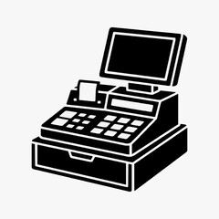 Fototapeta premium Industrial Black and White Line Drawing of an Old Fashioned Cash Register with Built in Monitor and Keyboard