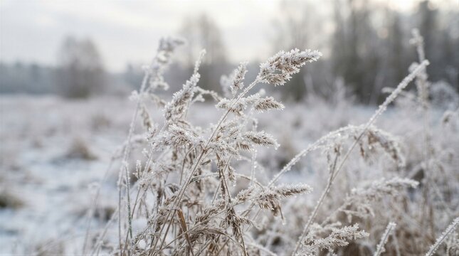 Frost covered grass stems in snowy blurred field background