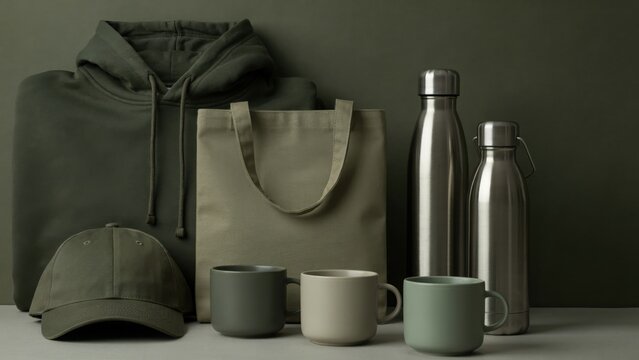 A collection of green promotional merchandise including hoodies, tote bags, caps, and water bottles arranged neatly. Great for corporate branding concepts and apparel mockups.