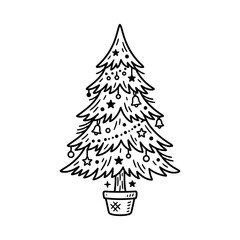Obraz premium Hand-drawn Christmas Tree Illustration with Ornaments and Lights, Isolated on Transparent Background