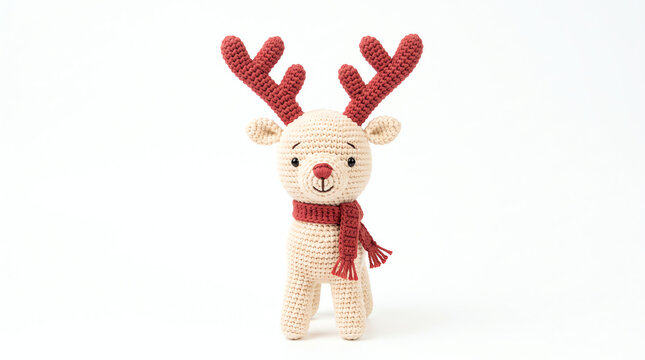 Small plush reindeer toy with red scarf on white background
